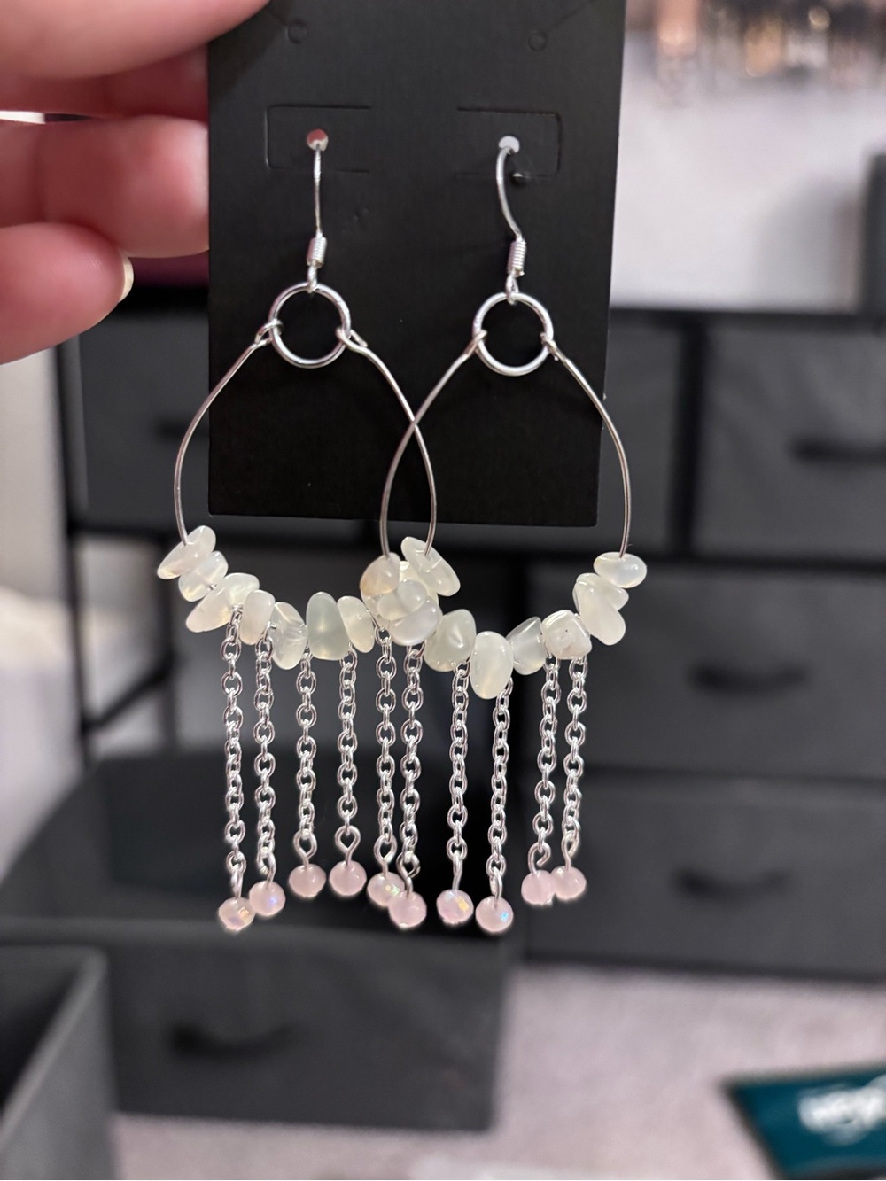 Moonstone Silver Hoop Drop Earrings with White Beads and Chain Fringe